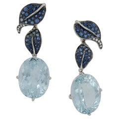18 Karat White Gold Aquamarine Blue Sapphire Diamond Drop Earrings