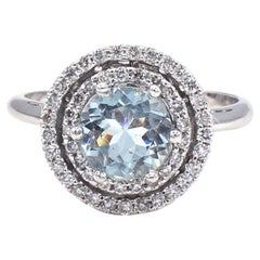 18 Karat White Gold Aquamarine & Diamond Double Halo Cocktail Ring