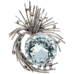 18 Karat White Gold Aquamarine 
Diamond Spray Pendant/Brooch Pin