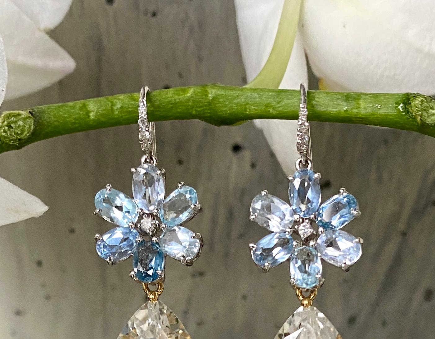 Mixed Cut 18 Karat White Gold Aquamarine Diamond White Topaz Drop Dangle Earrings For Sale