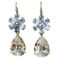 18 Karat White Gold Aquamarine Diamond White Topaz Drop Dangle Earrings