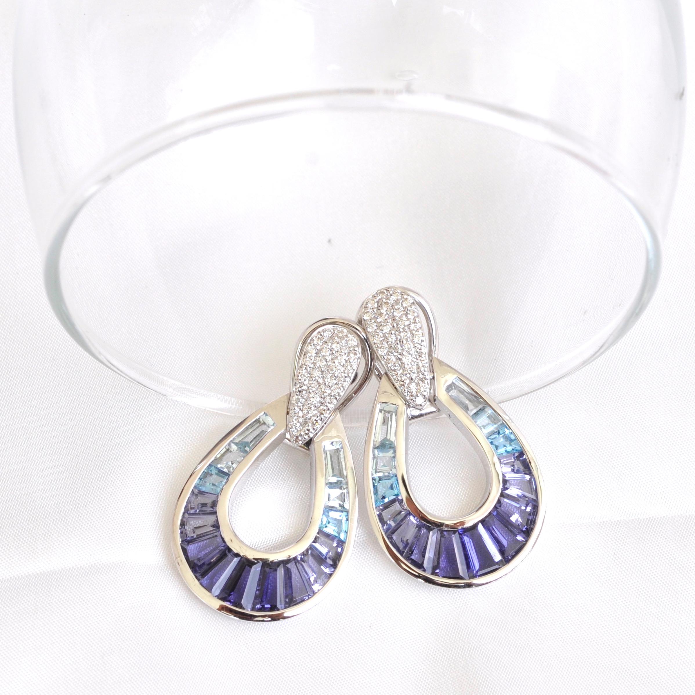 18 Karat White Gold Aquamarine Iolite Blue Topaz Baguette Diamond Earrings For Sale 4