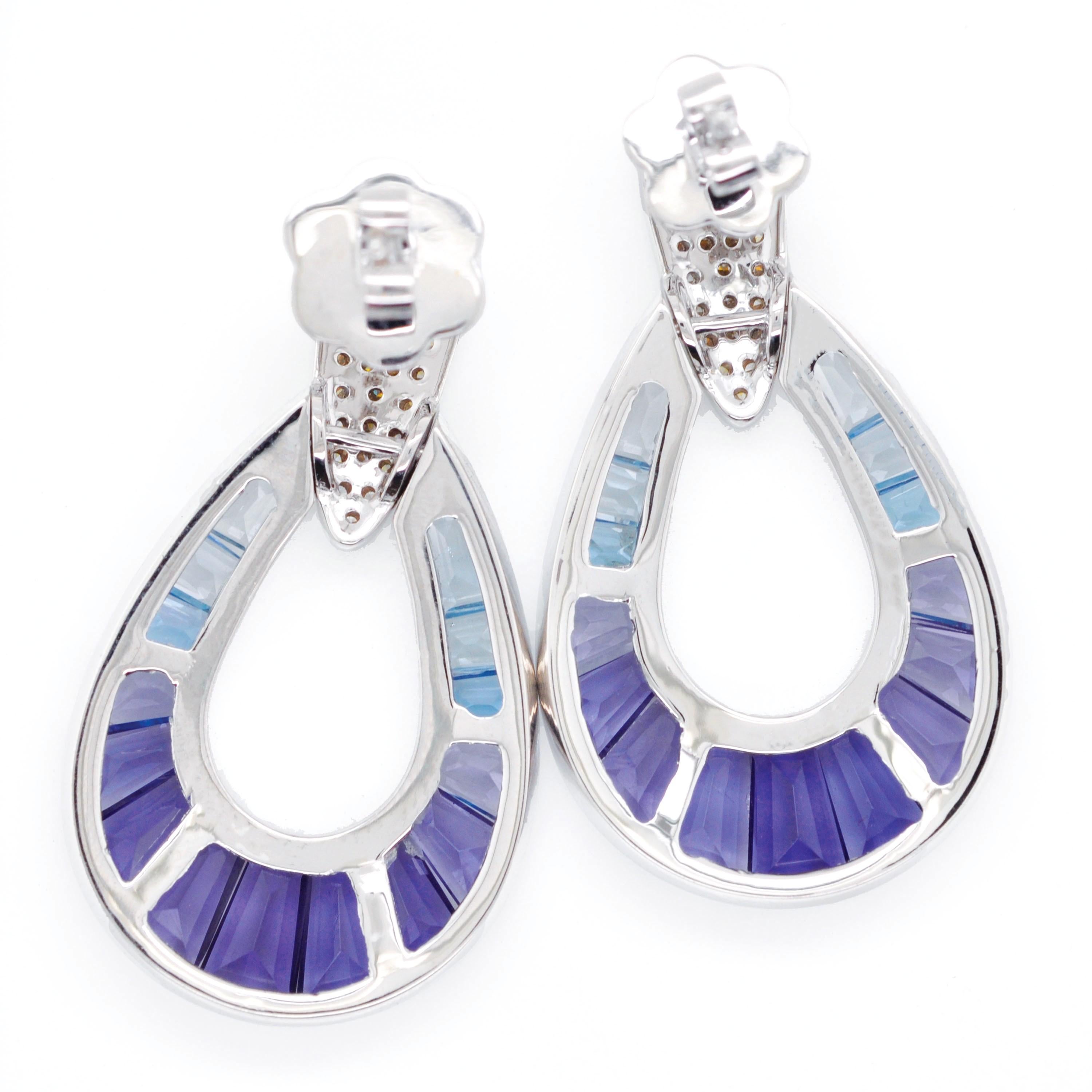 14 Karat White Gold Aquamarine Iolite Blue Topaz Baguette Diamond Earrings For Sale 1