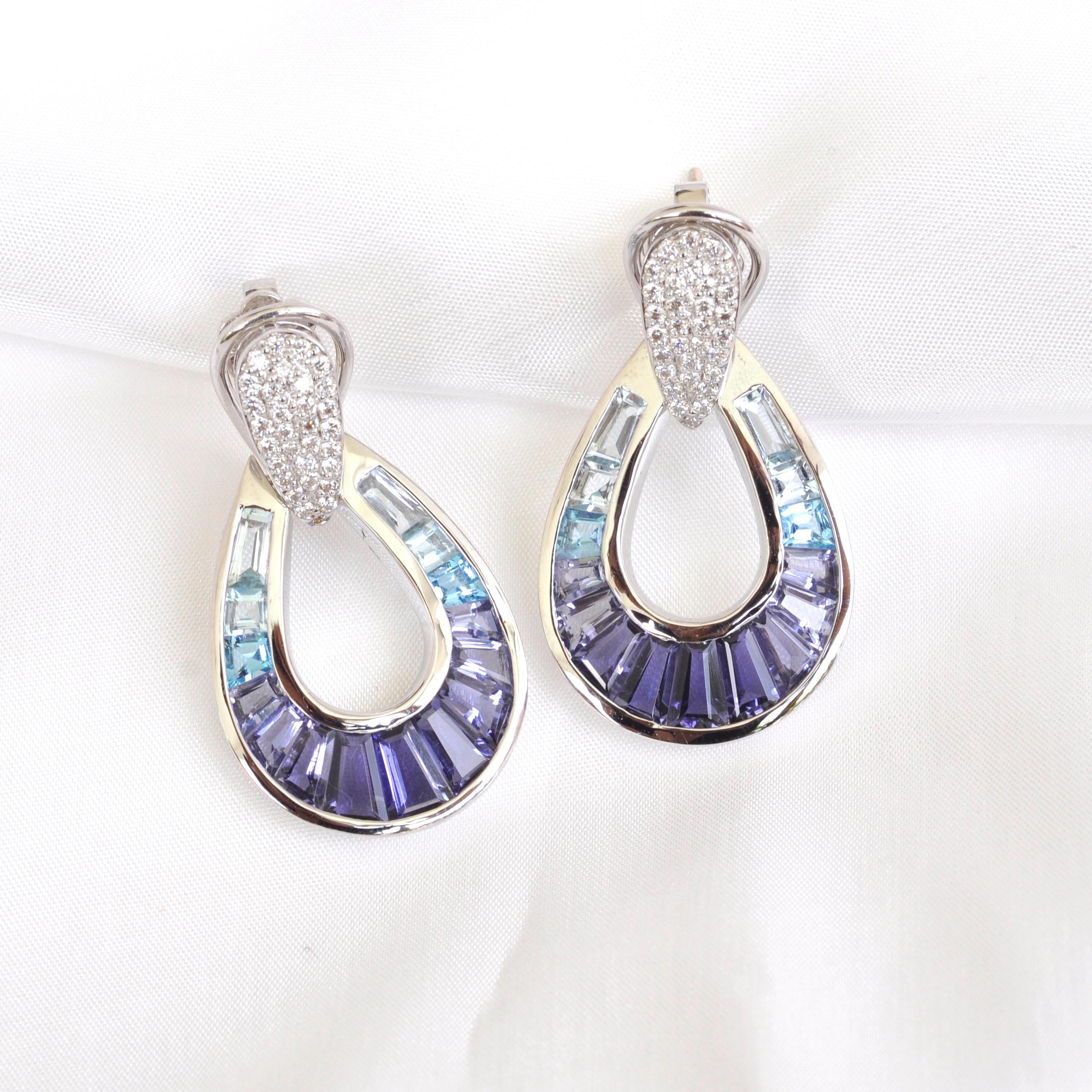 18 Karat White Gold Aquamarine Iolite Blue Topaz Baguette Diamond Earrings For Sale 5