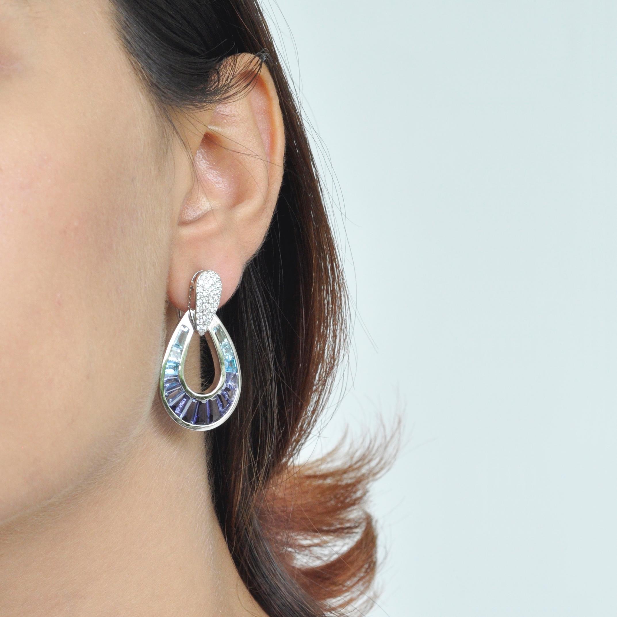 14 Karat White Gold Aquamarine Iolite Blue Topaz Baguette Diamond Earrings For Sale 5
