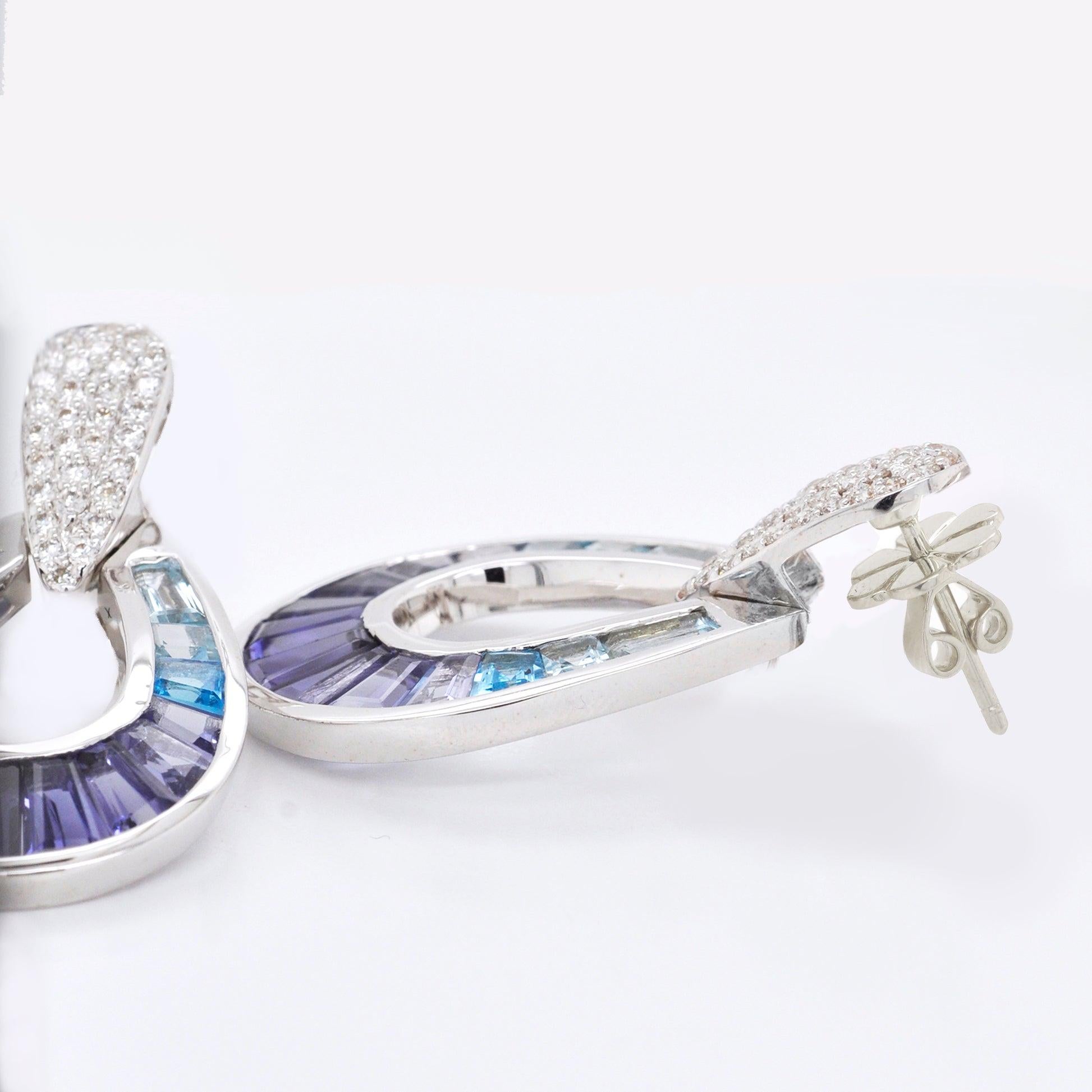 14 Karat White Gold Aquamarine Iolite Blue Topaz Baguette Diamond Earrings For Sale 3