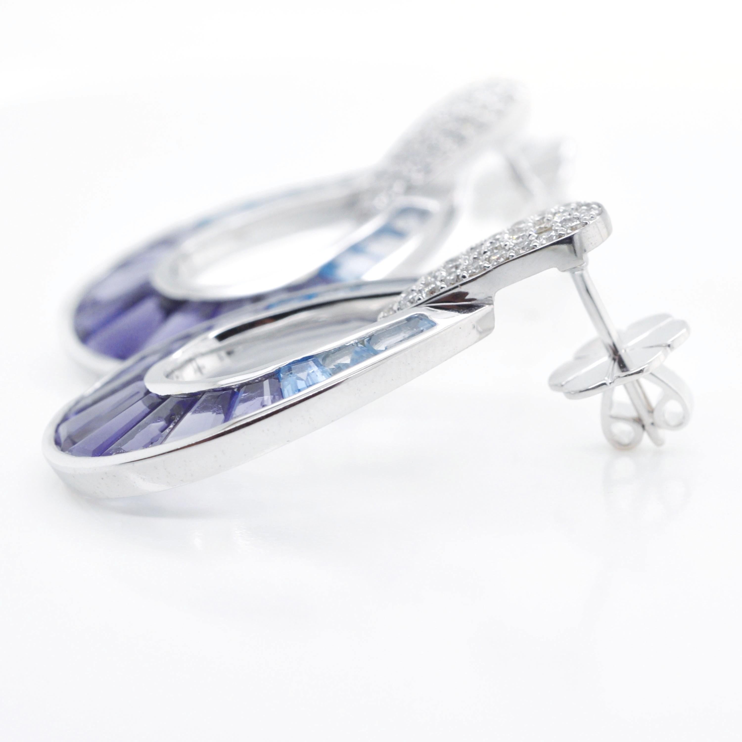 14 Karat White Gold Aquamarine Iolite Blue Topaz Baguette Diamond Earrings For Sale 4