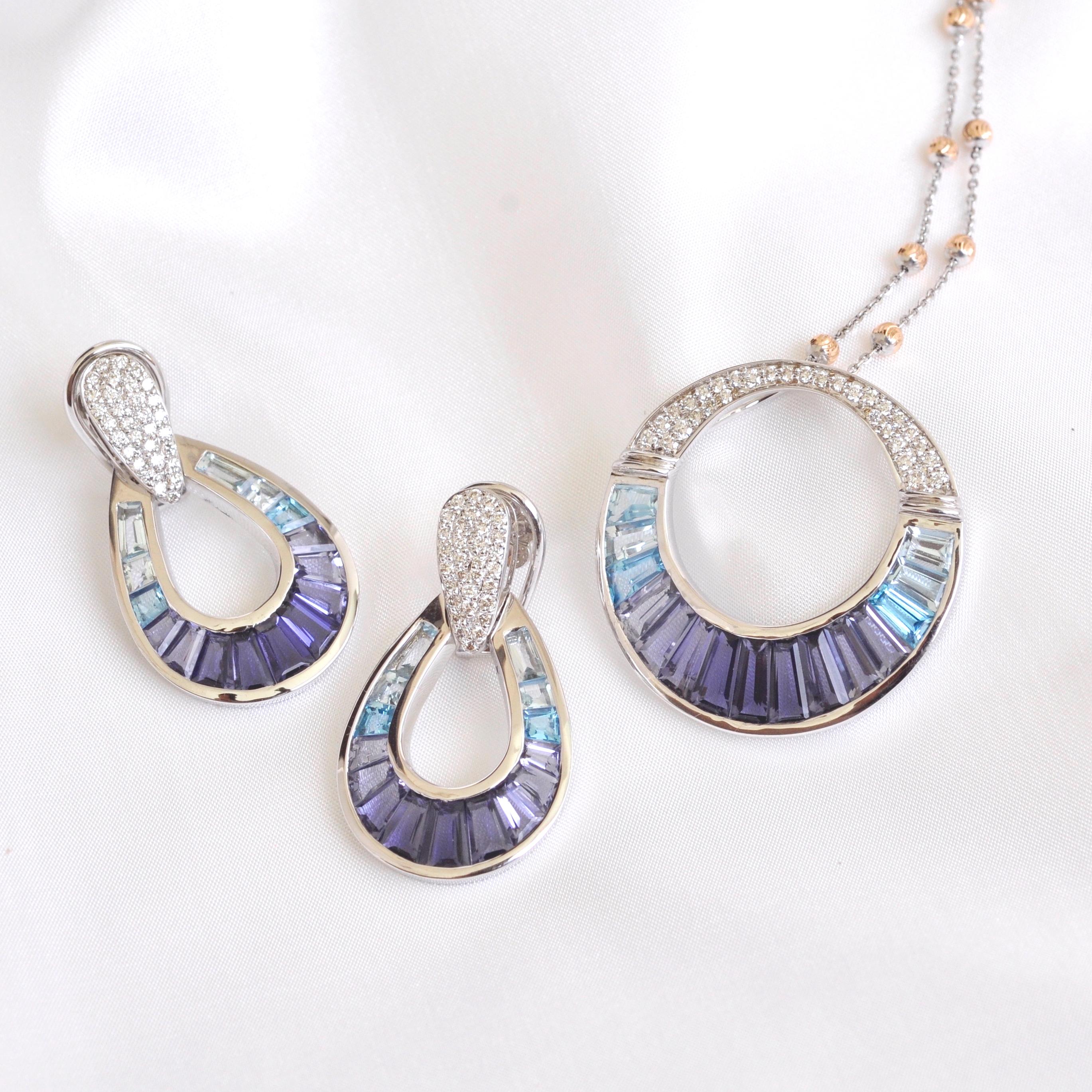 18 Karat White Gold Aquamarine Iolite Blue Topaz Baguette Diamond Earrings For Sale 11