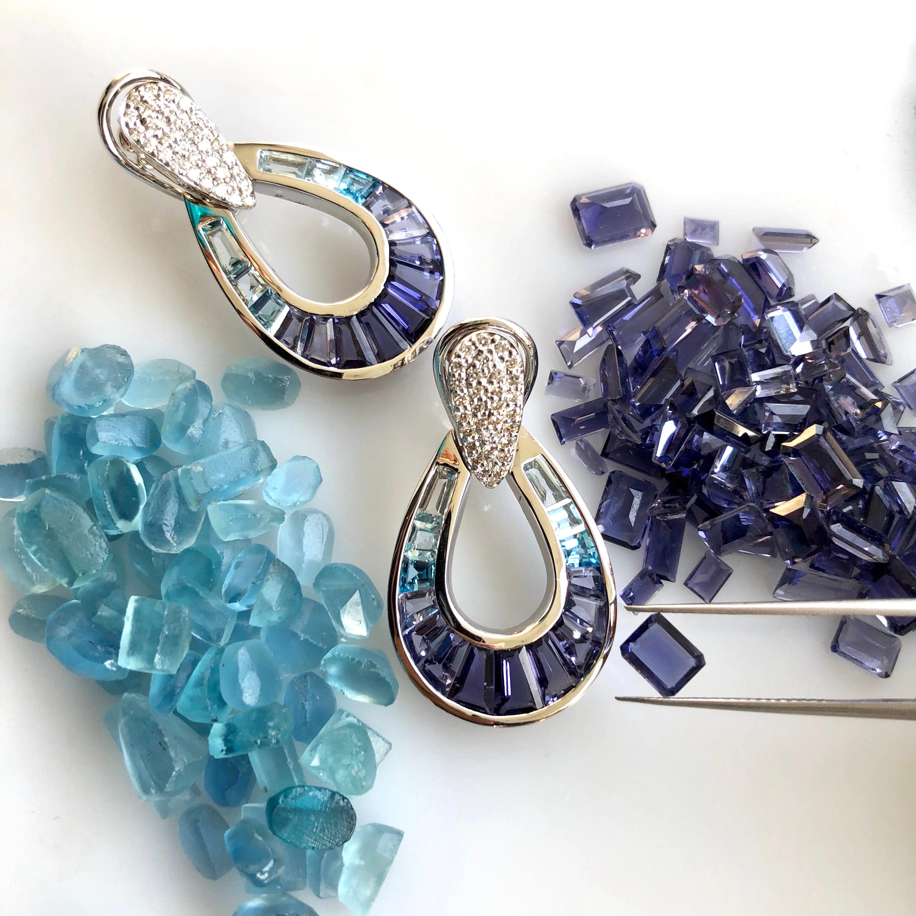 18 Karat White Gold Aquamarine Iolite Blue Topaz Baguette Diamond Earrings For Sale 6