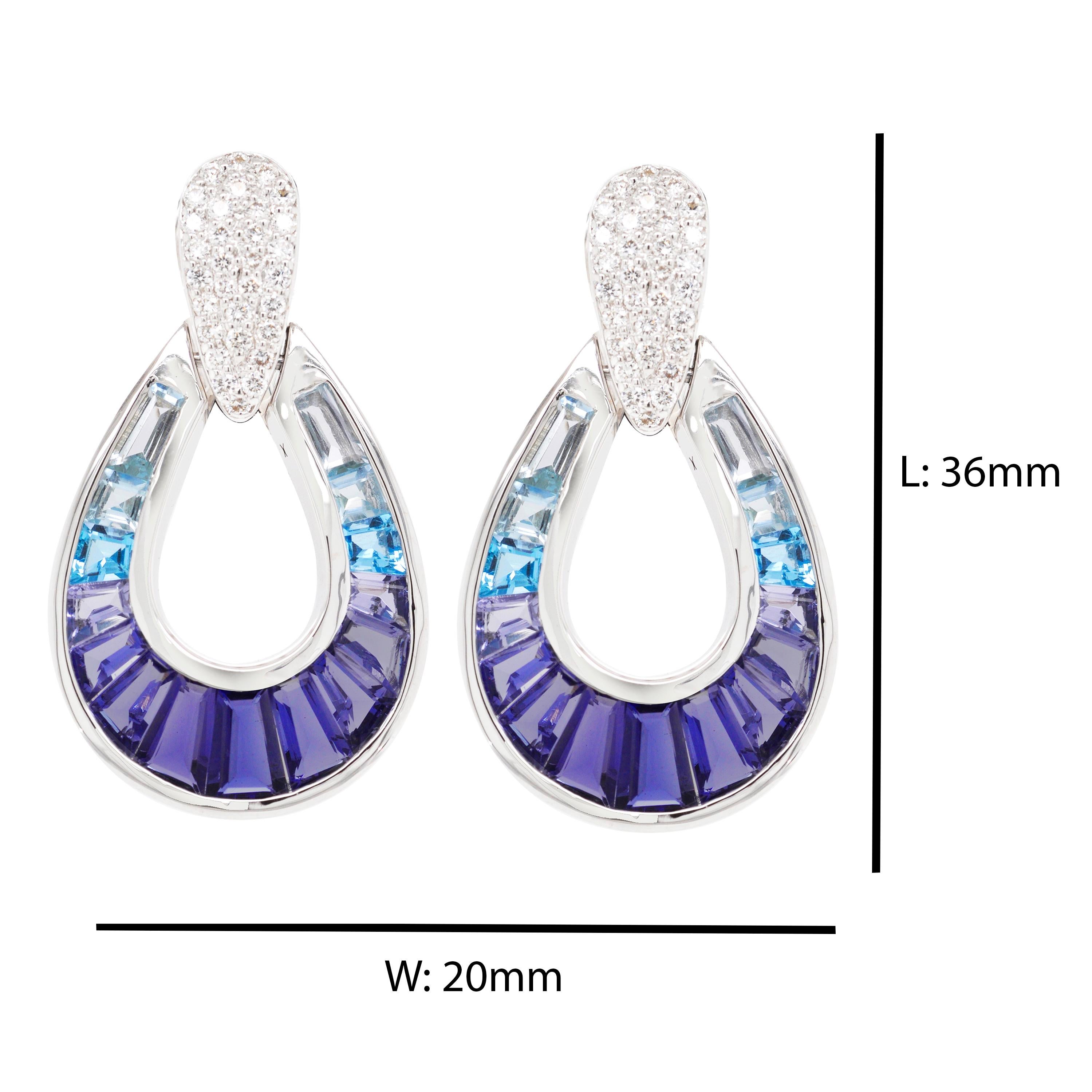 Tapered Baguette 18 Karat White Gold Aquamarine Iolite Blue Topaz Baguette Diamond Earrings For Sale