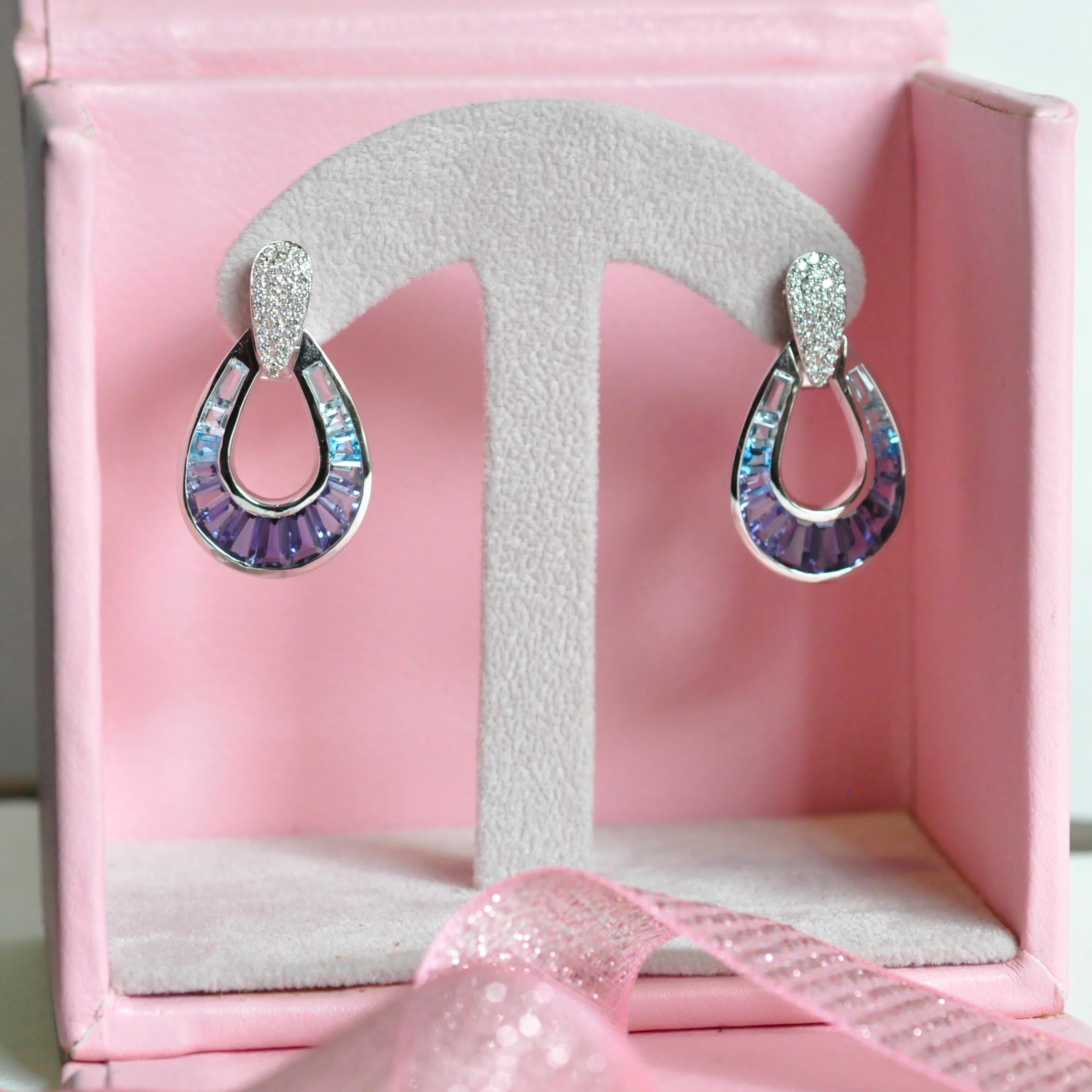 14 Karat White Gold Aquamarine Iolite Blue Topaz Baguette Diamond Earrings In New Condition For Sale In Jaipur, Rajasthan