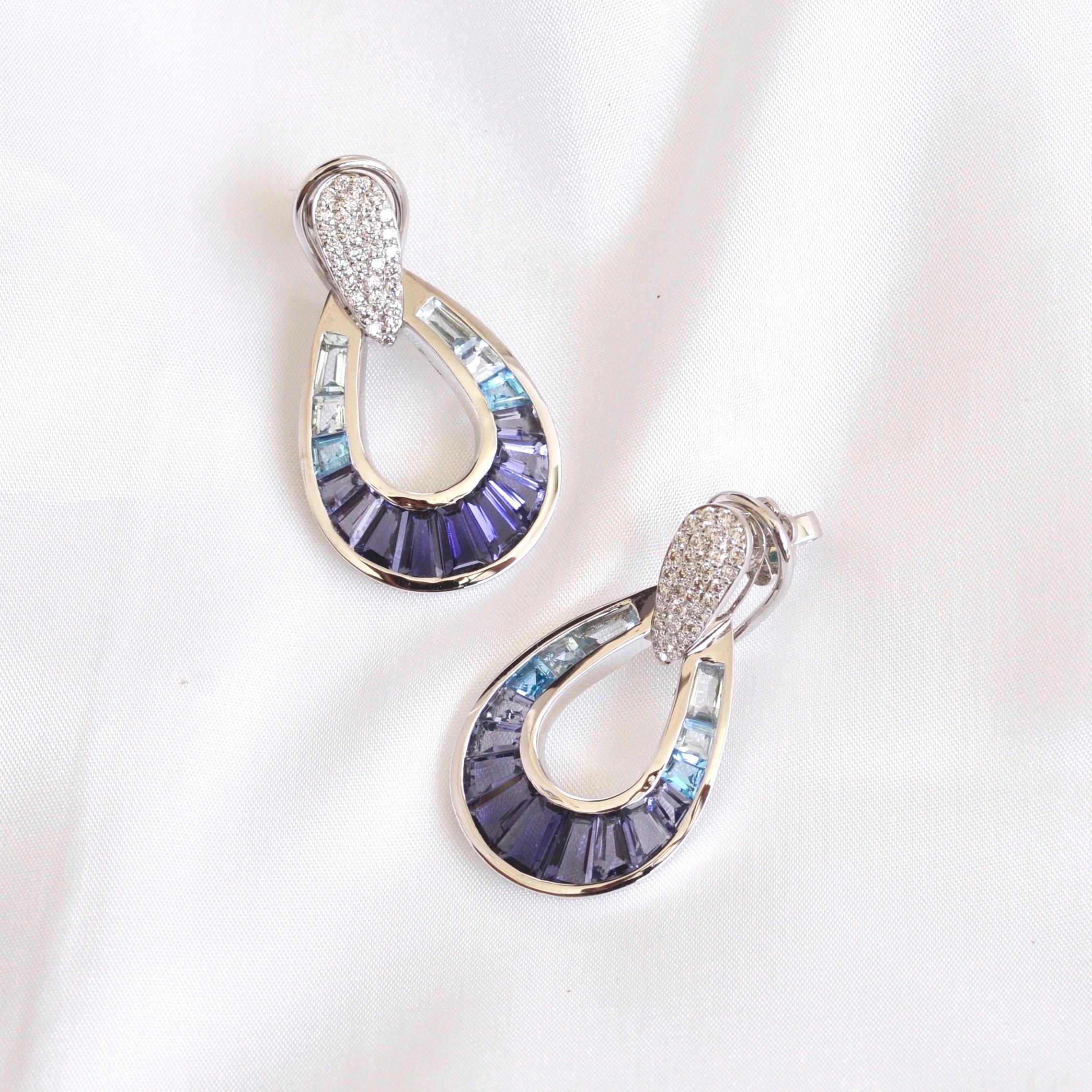 18 Karat White Gold Aquamarine Iolite Blue Topaz Baguette Diamond Earrings For Sale 3
