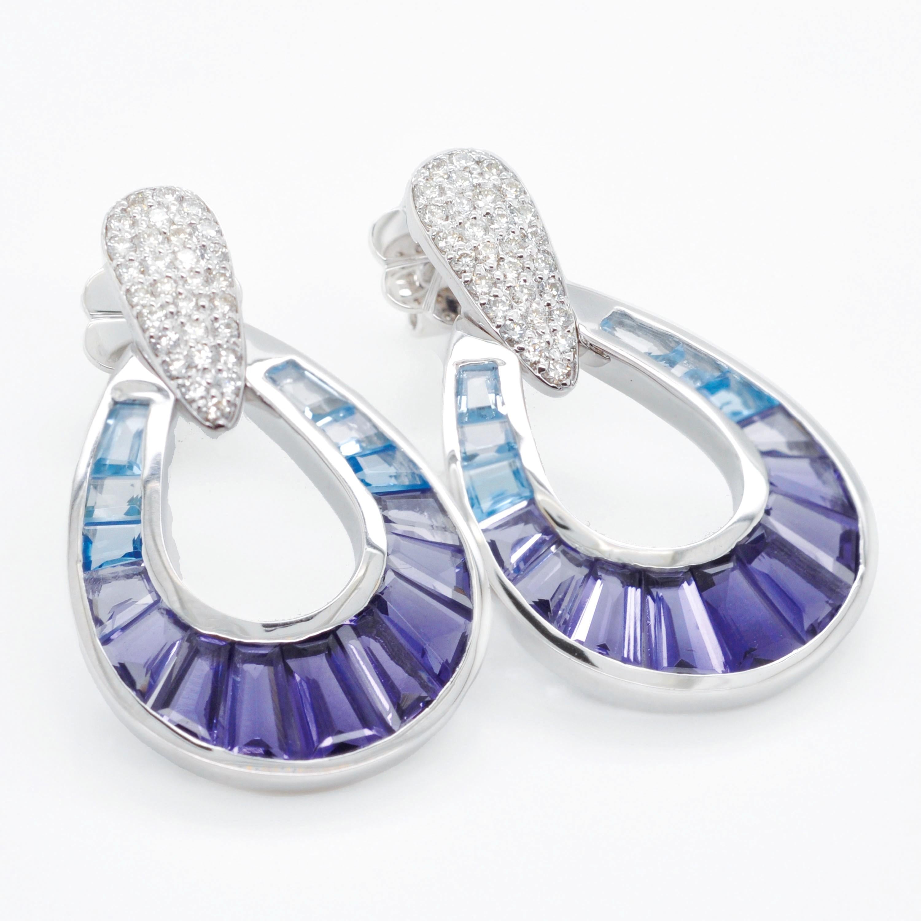 Women's 14 Karat White Gold Aquamarine Iolite Blue Topaz Baguette Diamond Earrings For Sale