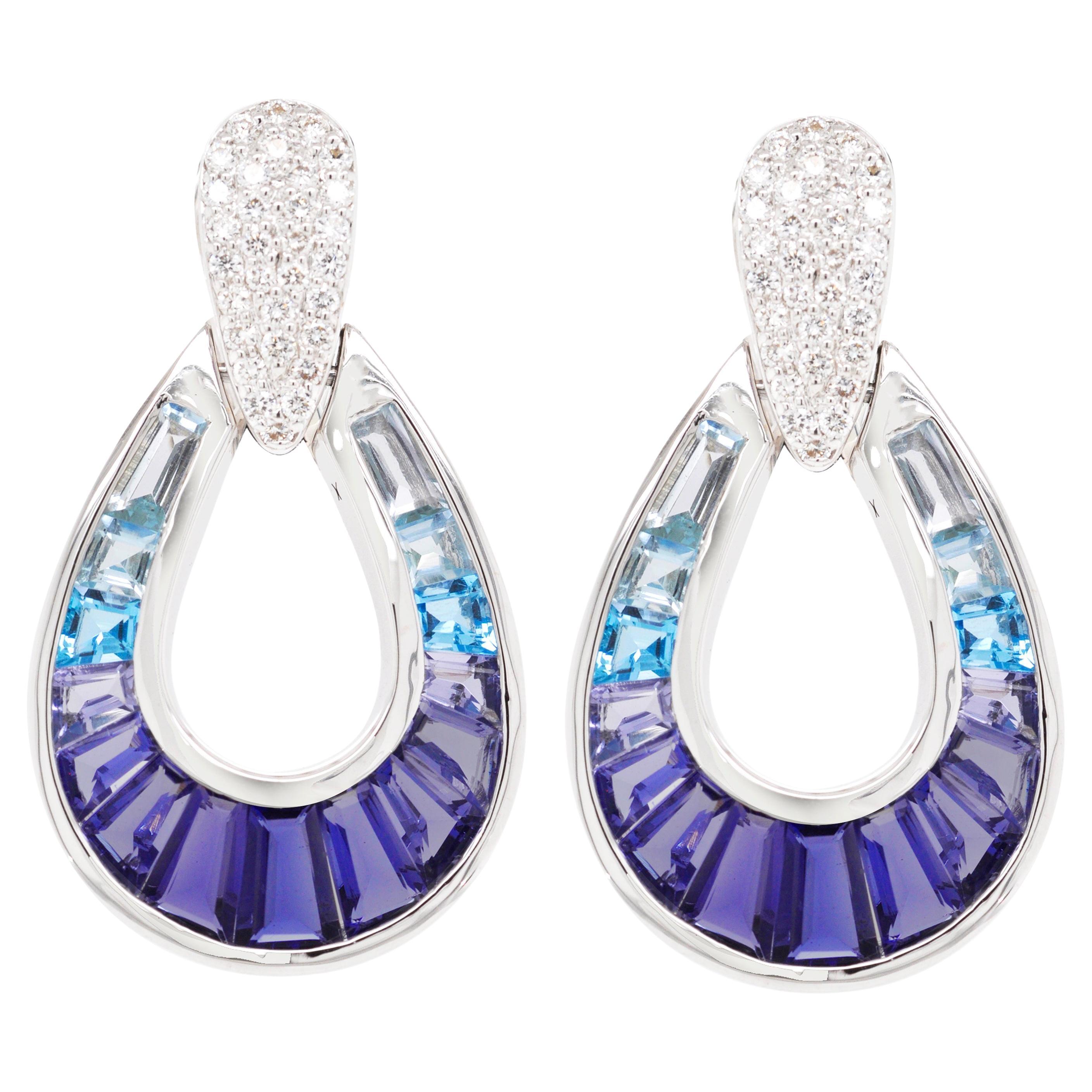 18 Karat White Gold Aquamarine Iolite Blue Topaz Baguette Diamond Earrings