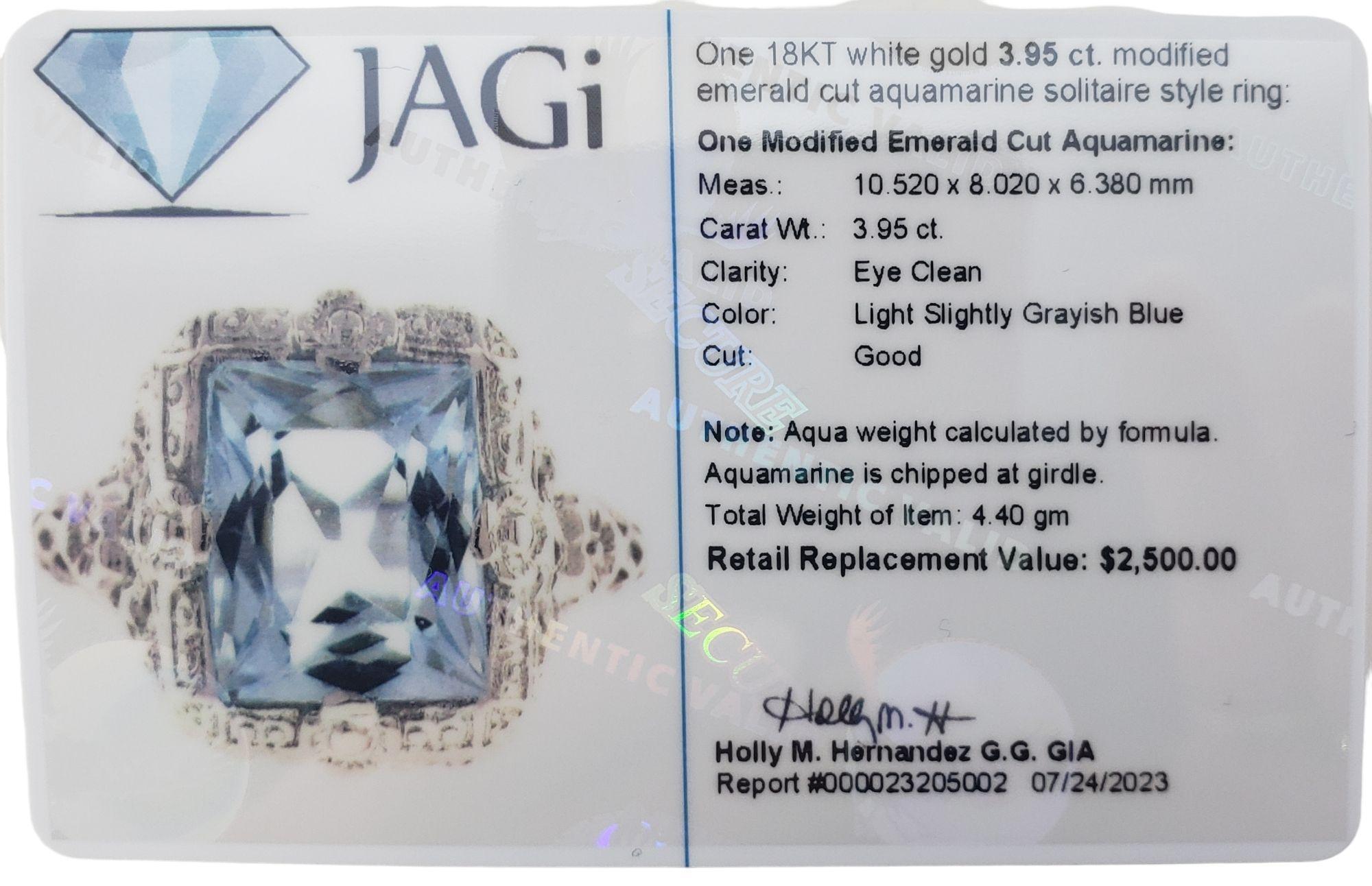 18 Karat White Gold Aquamarine Ring Size 7 #15066 For Sale 4