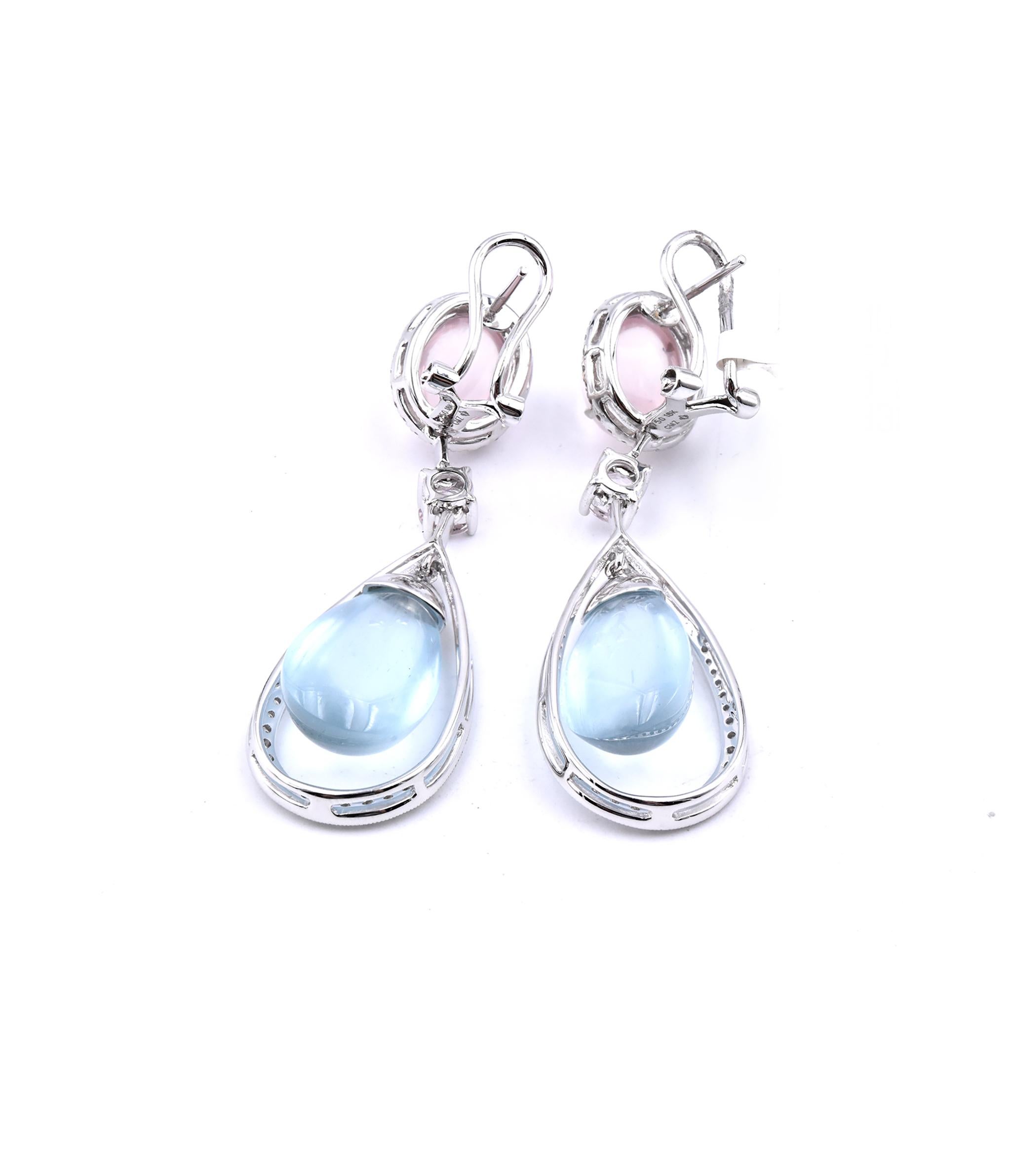 Cabochon 18 Karat White Gold Aquamarine, Rose Quartz, Morganite, and Diamond Drop Earring