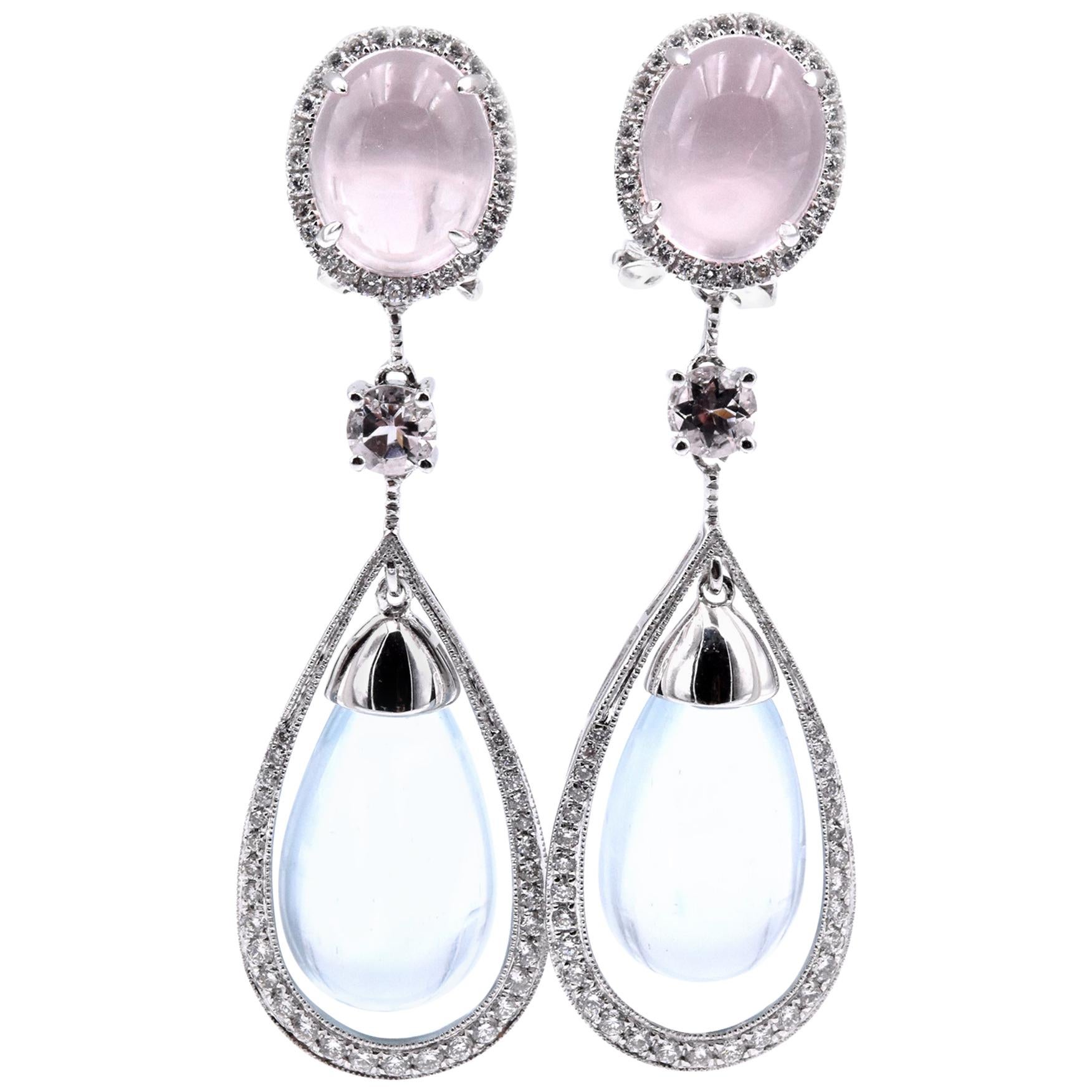 18 Karat White Gold Aquamarine, Rose Quartz, Morganite, and Diamond Drop Earring