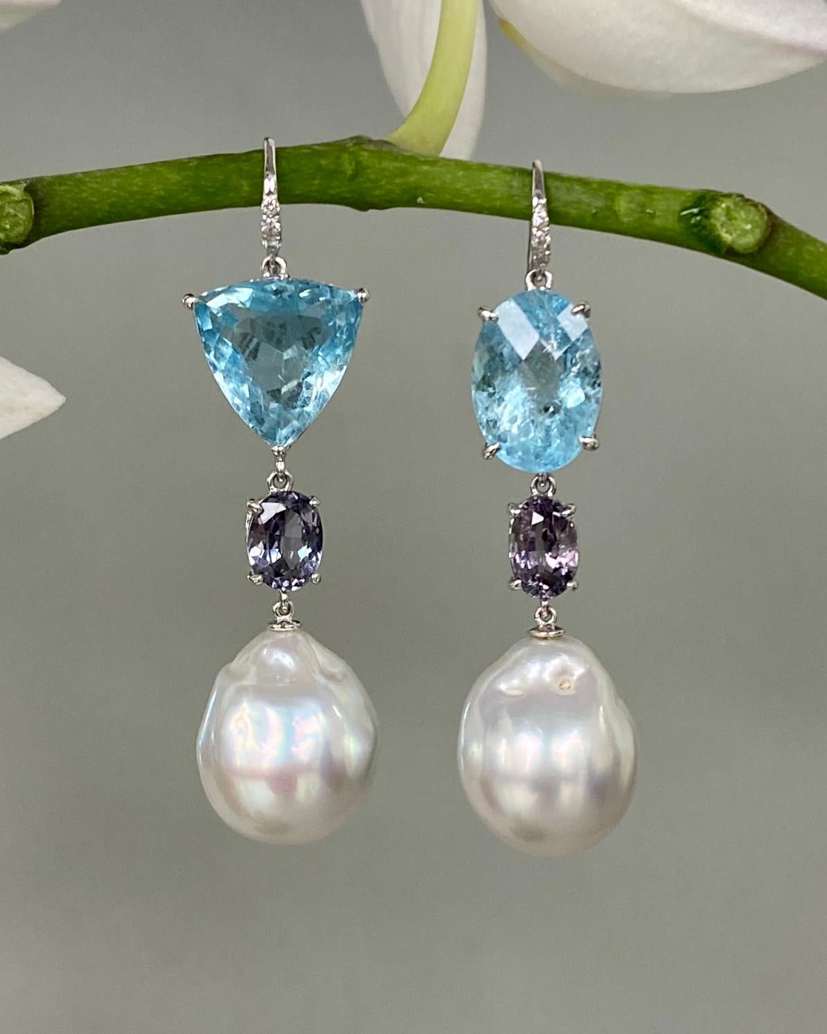 Women's 18 Karat White Gold Aquamarine Sapphire South Sea Pearl Drop Dangle Earrings For Sale
