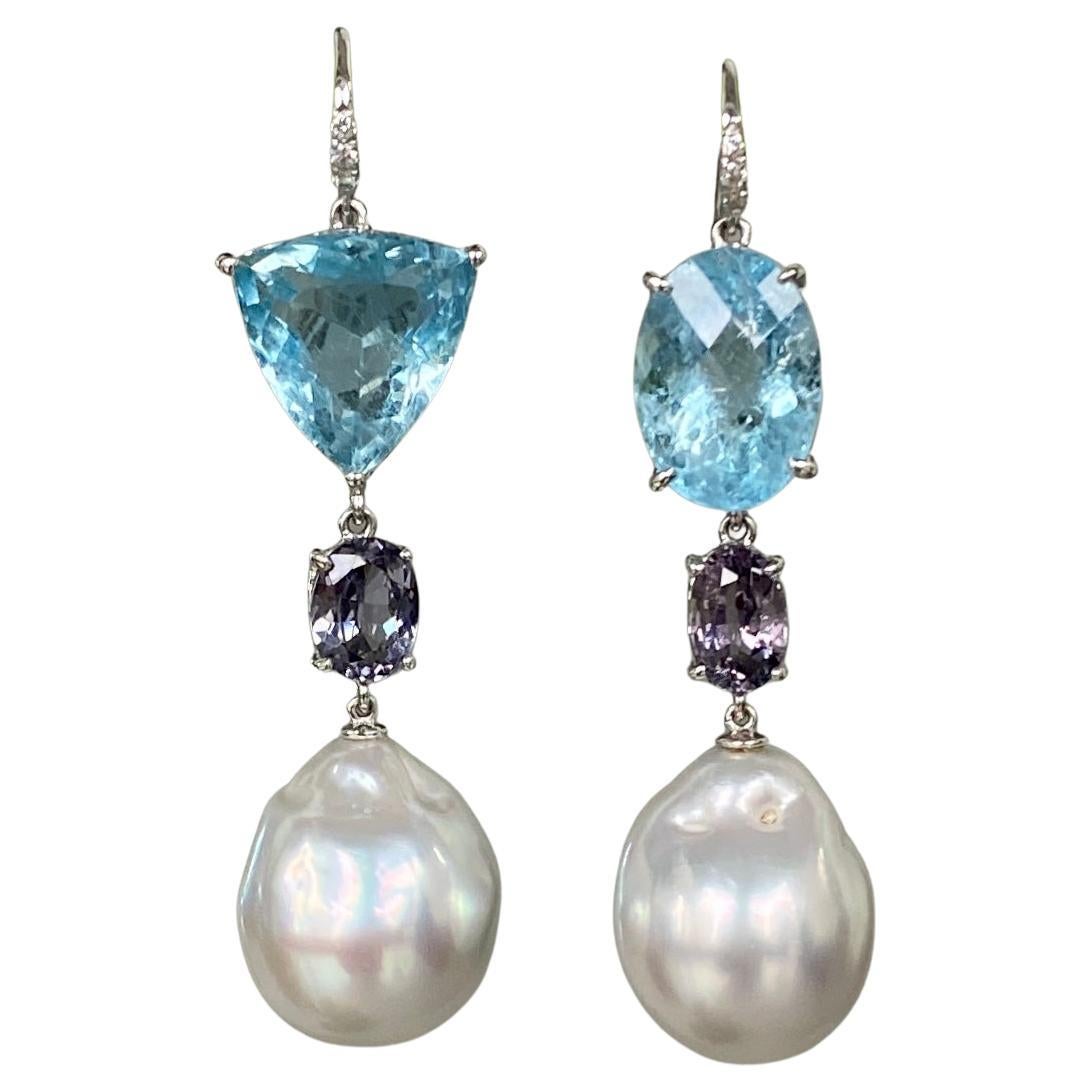 18 Karat White Gold Aquamarine Sapphire South Sea Pearl Drop Dangle Earrings For Sale