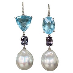 18 Karat White Gold Aquamarine Sapphire South Sea Pearl Drop Dangle Earrings