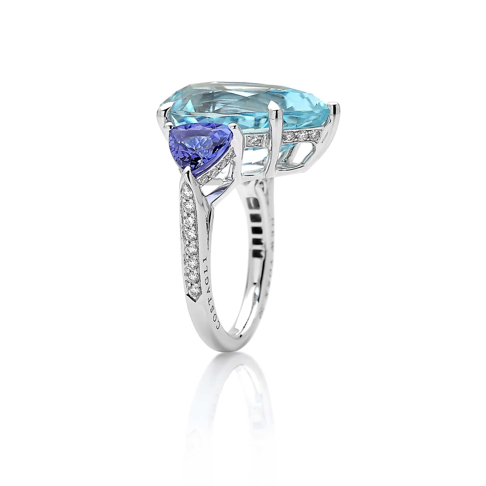 One of a kind princess cut aquamarine ring flanked by trillion shape tanzanite side stones set in 18kt white gold with pave-set round, brilliant diamond detailing. 

This ring showcases Paolo's expert eye for playing with the geometries of a