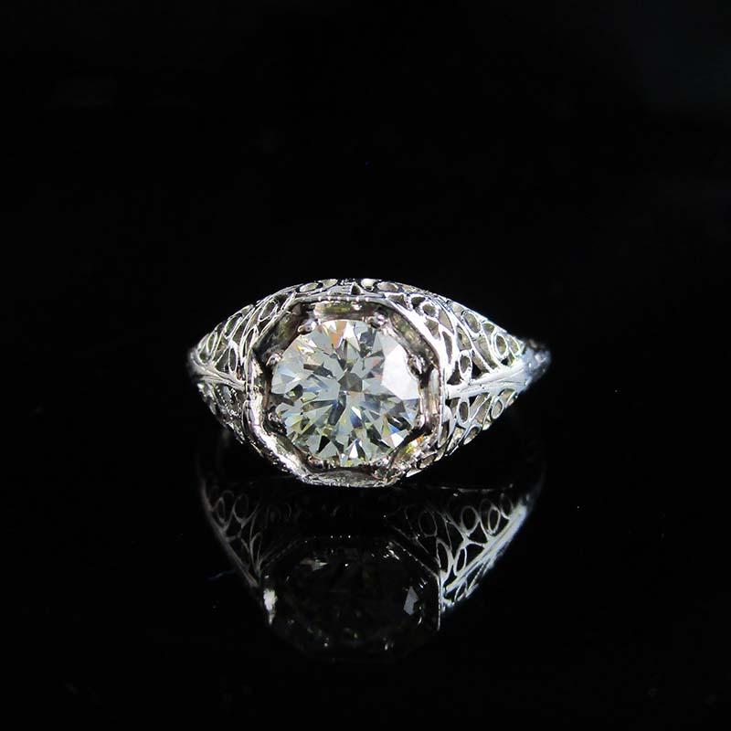 18 Karat White Gold Art Deco 1920 Filigree Diamond Engagement Ring 1