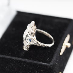18 Karat White Gold Art Deco Diamond and Sapphire Shield Ring