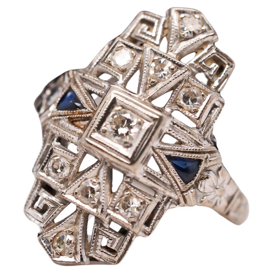 18 Karat White Gold Art Deco Diamond and Sapphire Shield Ring For Sale