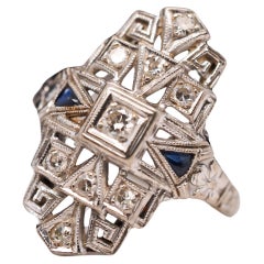 Vintage 18 Karat White Gold Art Deco Diamond and Sapphire Shield Ring