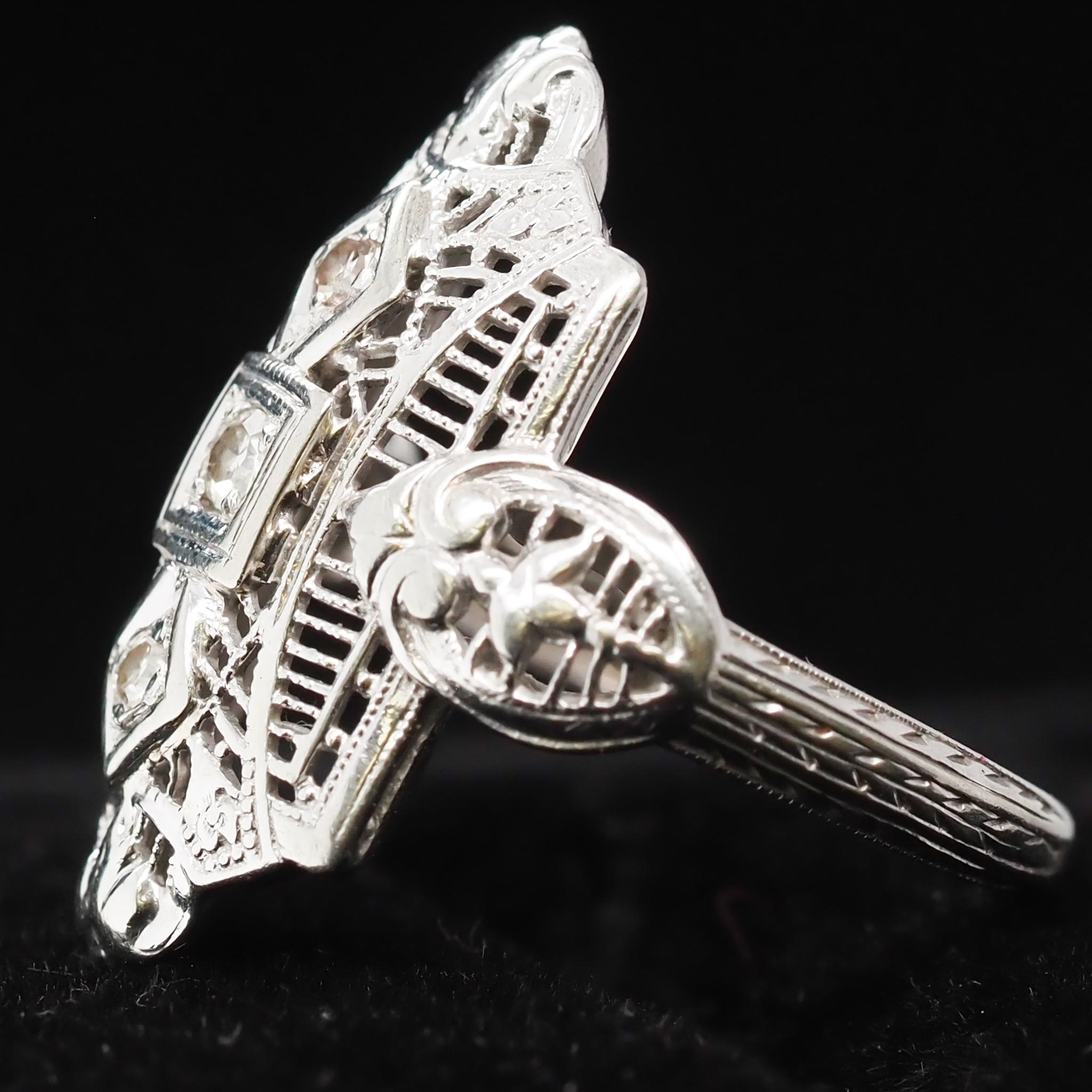 Women's or Men's 18 Karat White Gold Art Deco Diamond Shield Ring For Sale