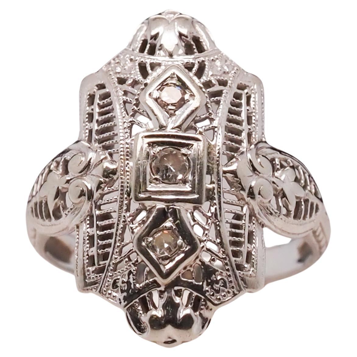 18 Karat White Gold Art Deco Diamond Shield Ring