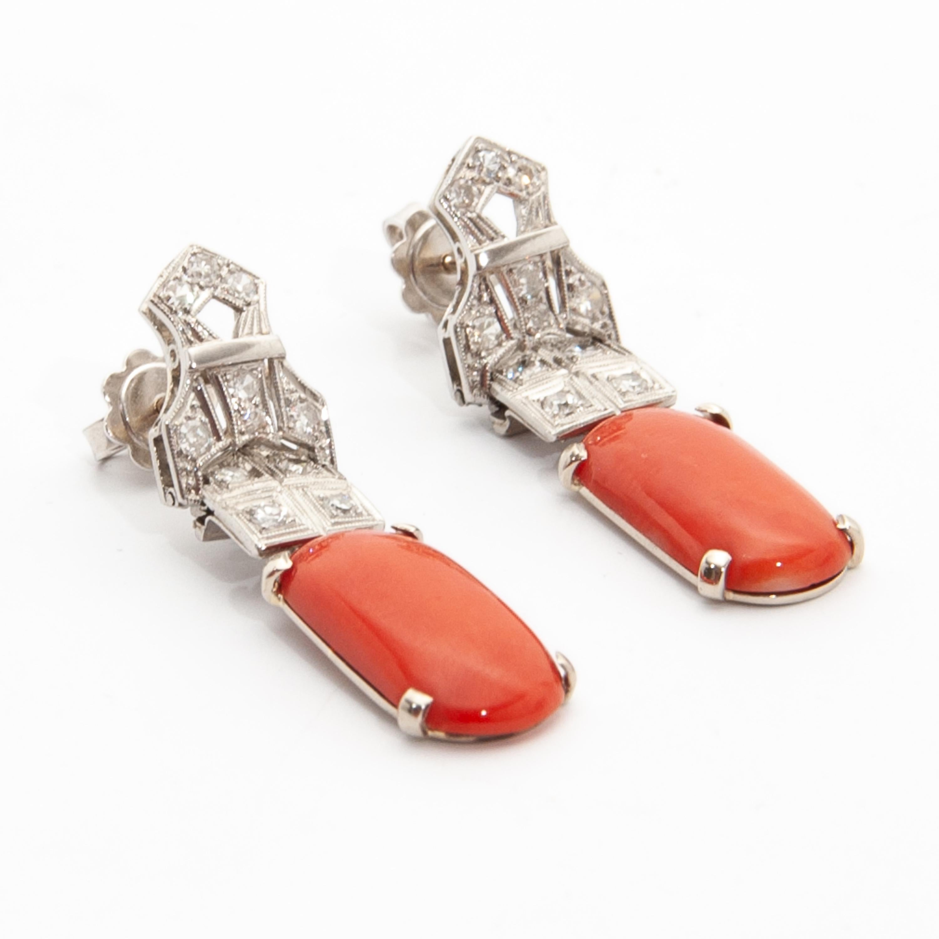 Octagon Cut Art Deco 18K White Gold Diamond Coral Dangle Earrings For Sale