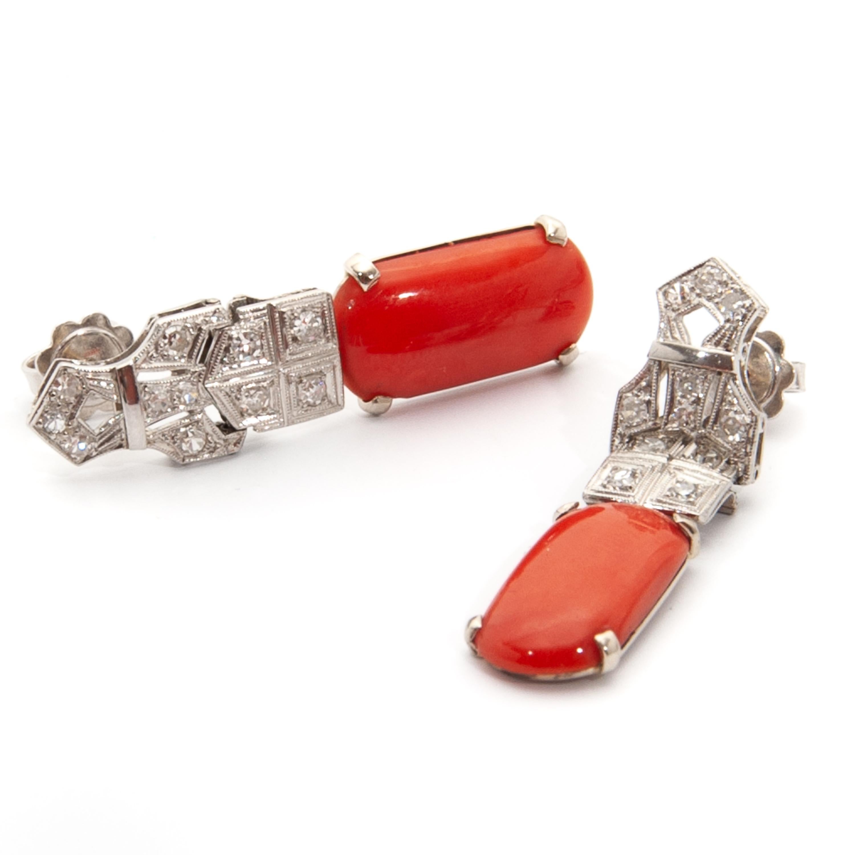 Women's Art Deco 18K White Gold Diamond Coral Dangle Earrings For Sale