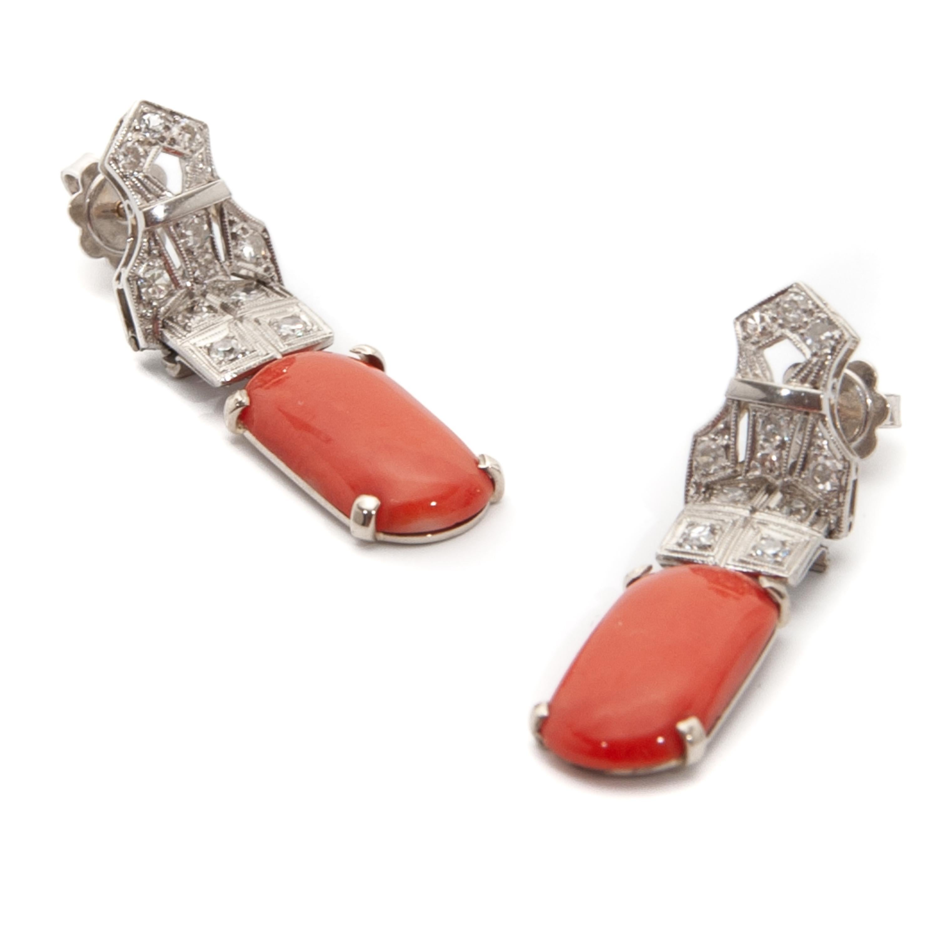 Art Deco 18K White Gold Diamond Coral Dangle Earrings For Sale 1