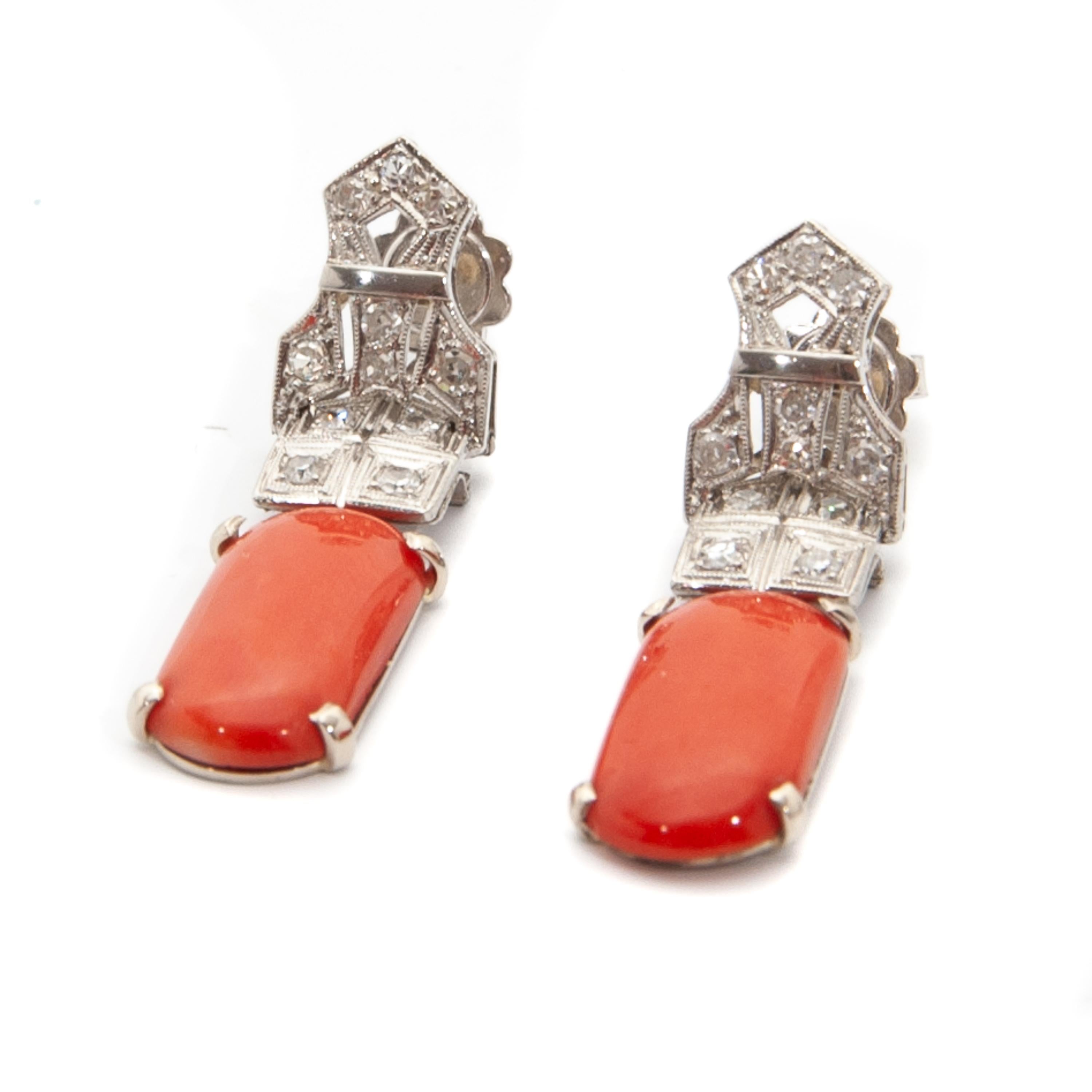 Art Deco 18K White Gold Diamond Coral Dangle Earrings For Sale 2