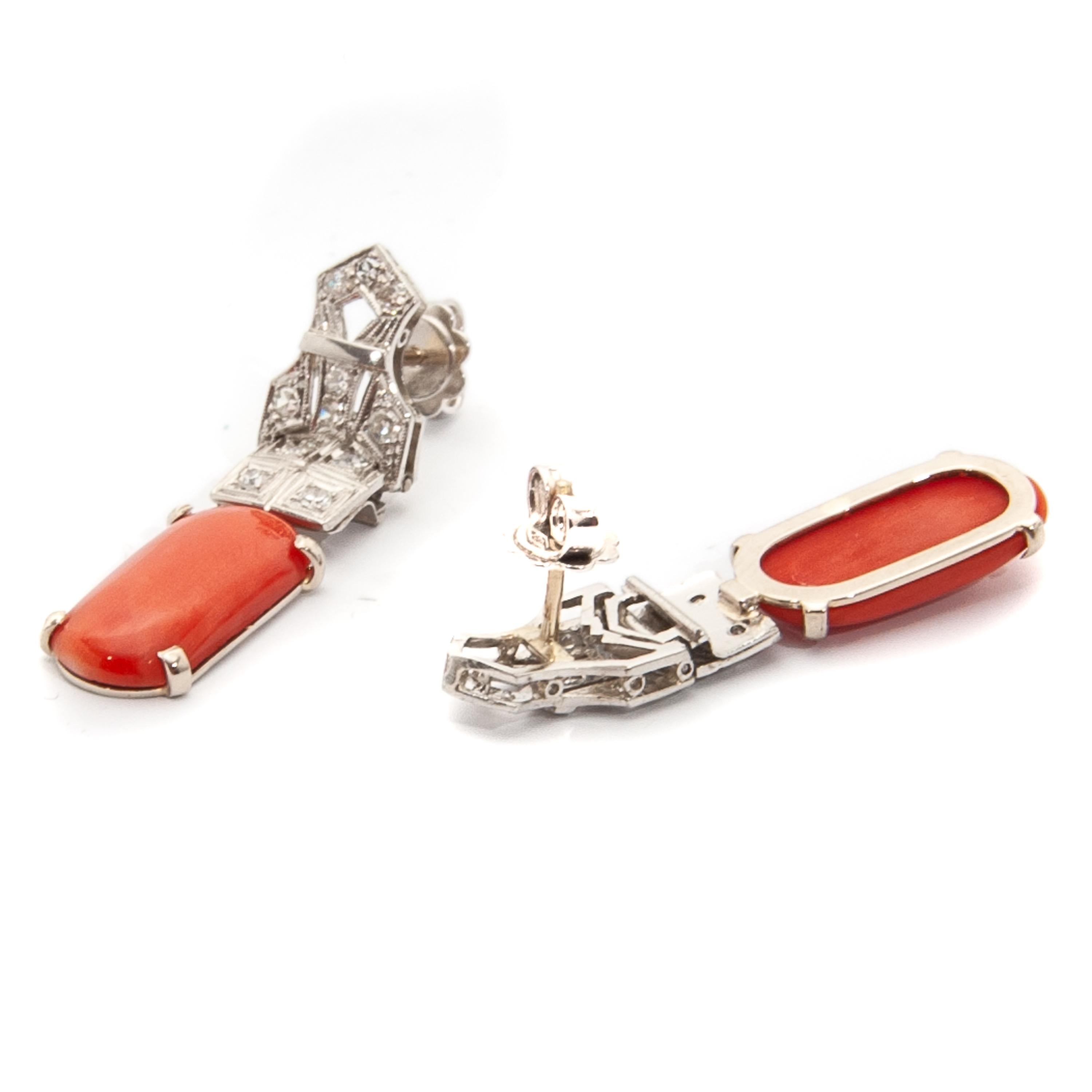 Art Deco 18K White Gold Diamond Coral Dangle Earrings For Sale 4