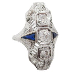 18 Karat White Gold Art Deco Filigree and Blue Cocktail Statement Dinner Ring