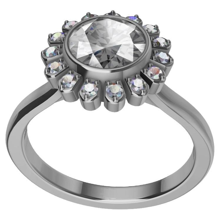 For Sale:  18 Karat White Gold Art Deco GIA Diamond Inspired Flower Engagement Ring