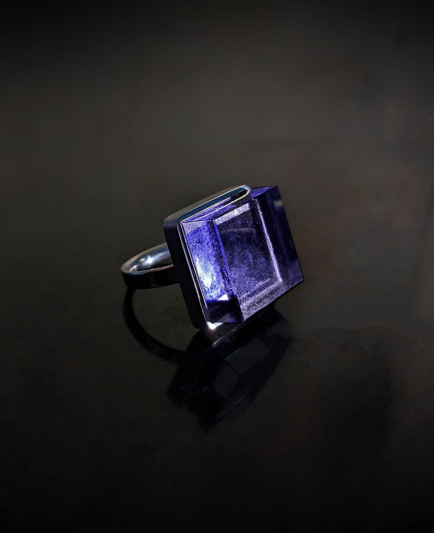 Mixed Cut White Gold Art Deco Style Ring with Vivid Amethyst Featured in Vogue For Sale