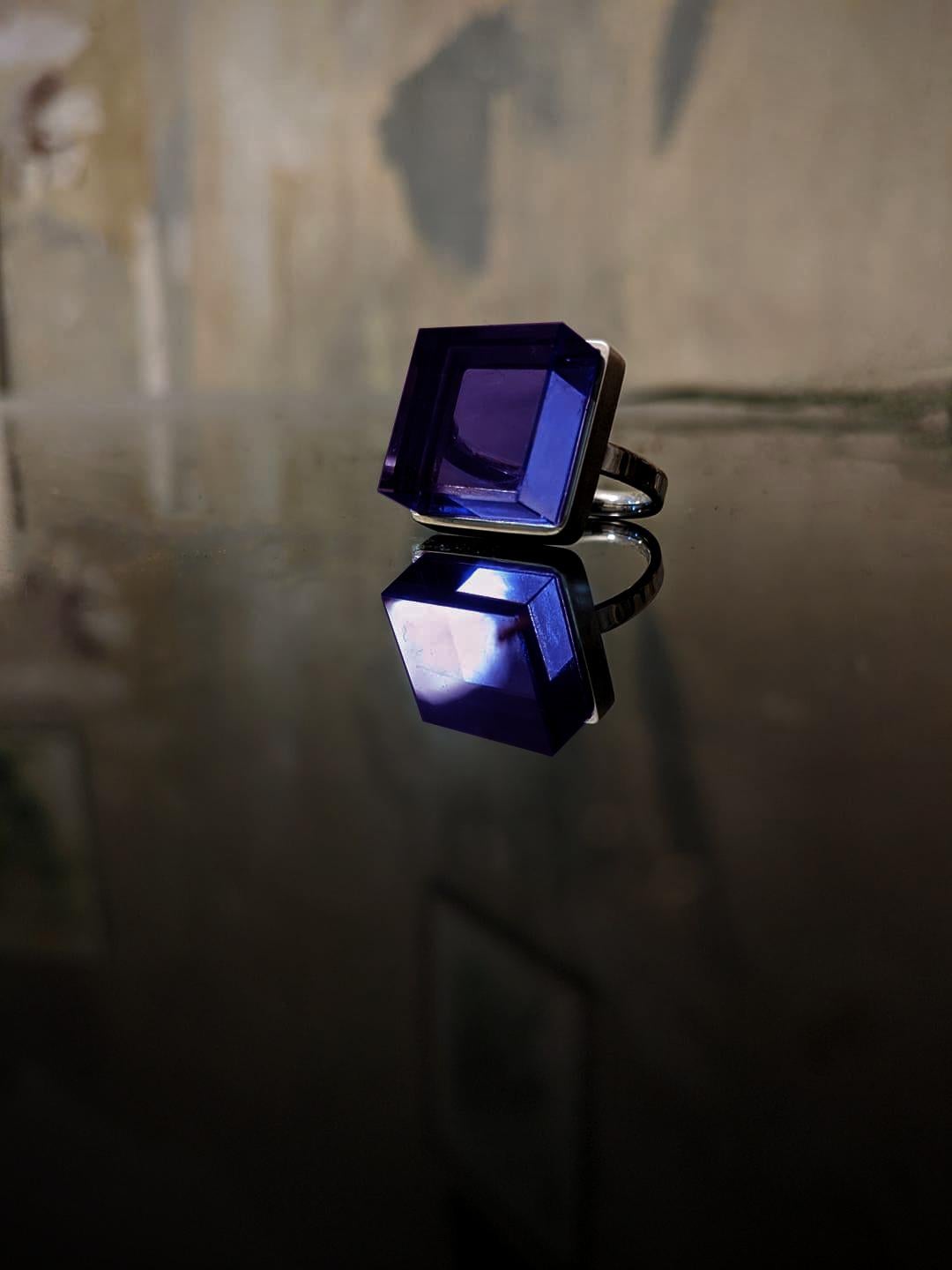 White Gold Art Deco Style Ring with Vivid Amethyst Featured in Vogue For Sale 3