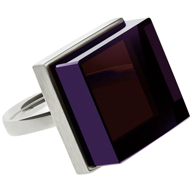 White Gold Art Deco Style Ring with Vivid Amethyst Featured in Vogue For Sale