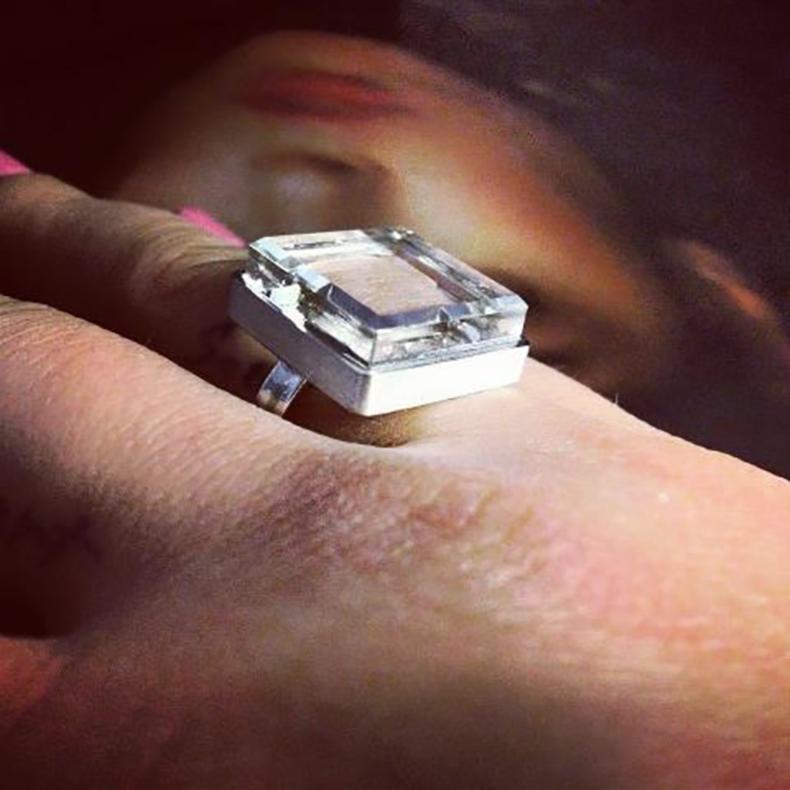This ring is made of 18 karat white gold and boasts a vibrant 15x15x8 mm rock natural crystal quartz. It has been featured in prestigious publications such as Harper's Bazaar and Vogue UA.
This piece can be personally signed.

This ring is not only