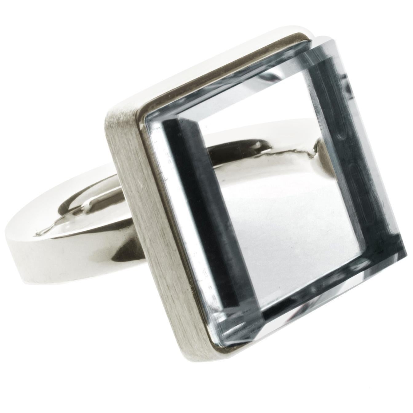Featured in Vogue Eighteen Karat White Gold Art Deco Style Ring with Quartz For Sale