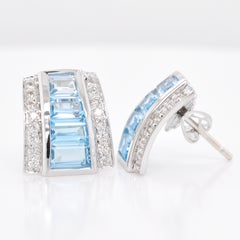 Blue Topaz Art Deco Style Blue Topaz Baguette Diamond Gold Stud Earrings