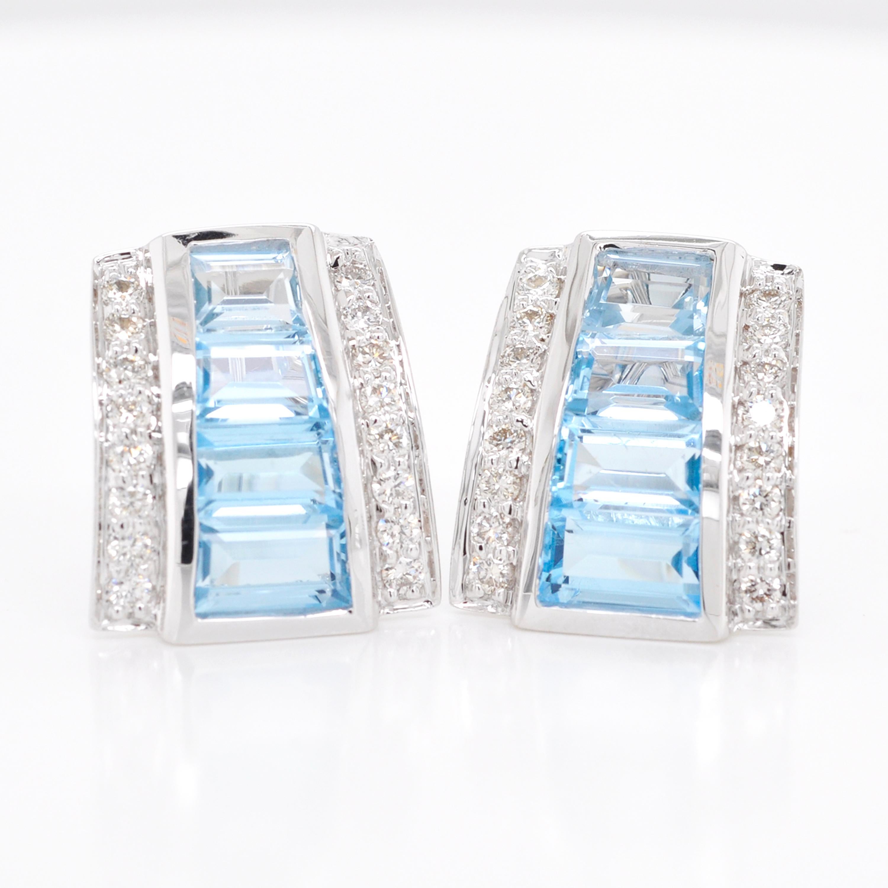 Baguette Cut 18 Karat White Gold Art Deco Style Blue Topaz Baguette Diamond Stud Earrings For Sale