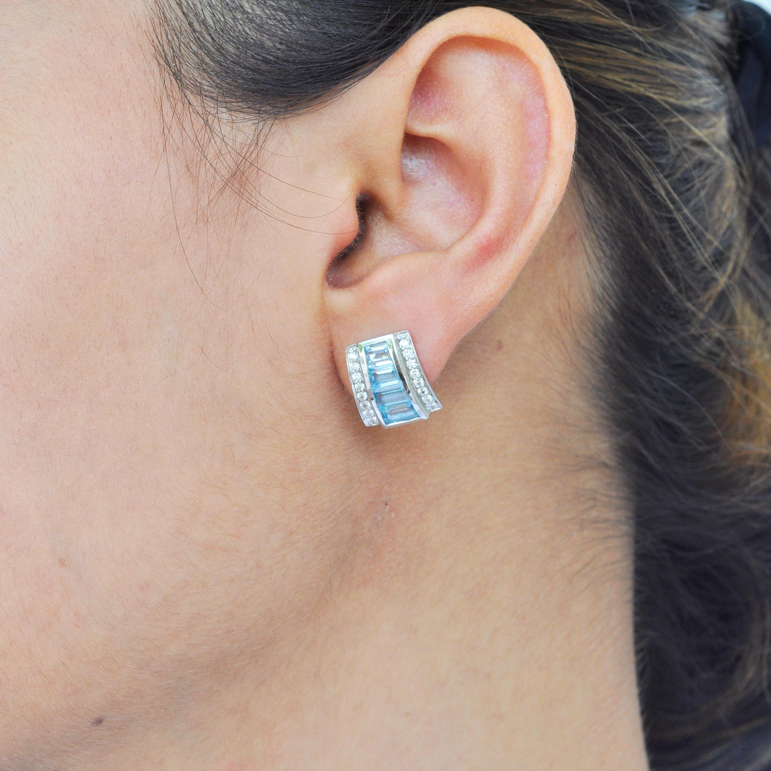 Women's 18 Karat White Gold Art Deco Style Blue Topaz Baguette Diamond Stud Earrings For Sale