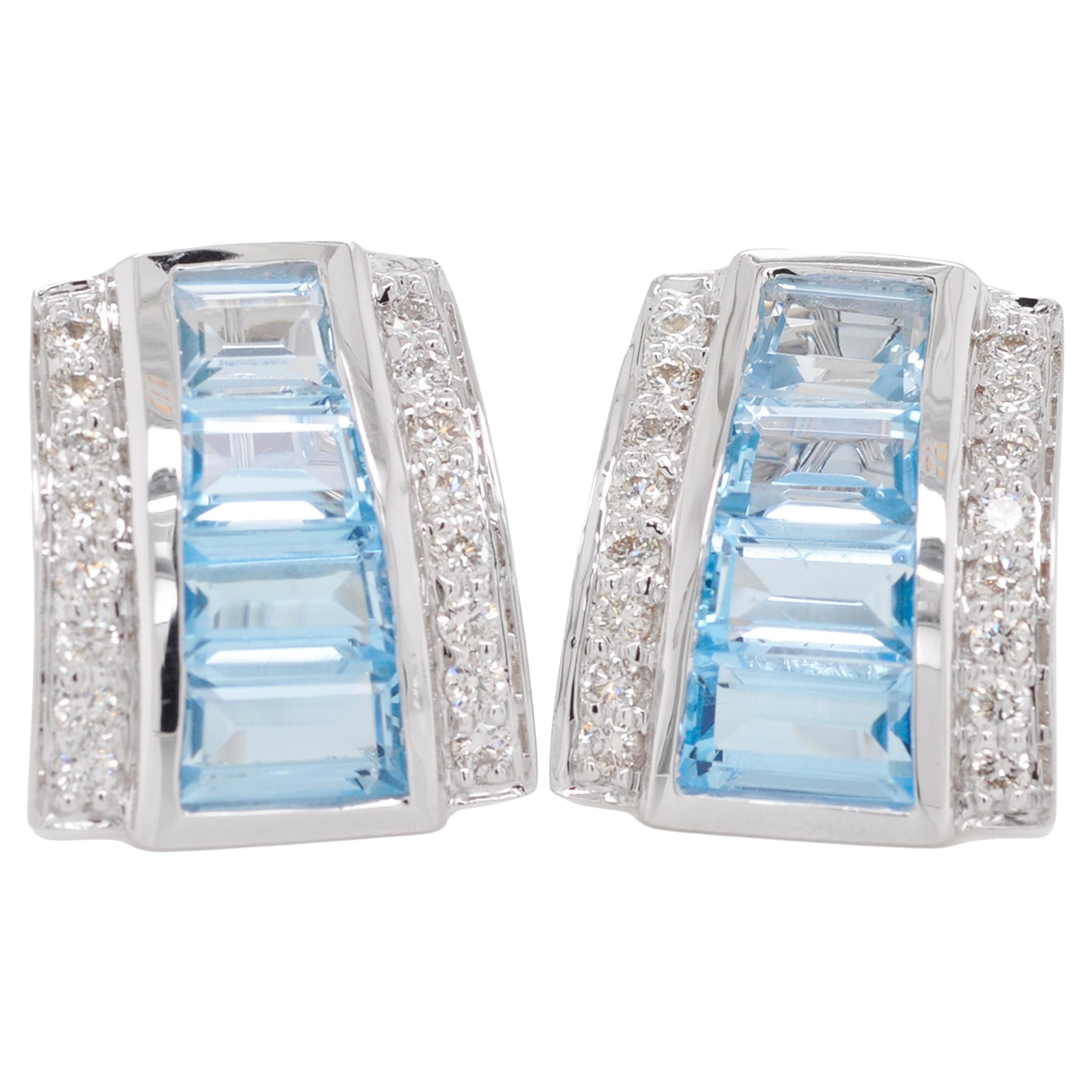 18 Karat White Gold Art Deco Style Blue Topaz Baguette Diamond Stud Earrings For Sale