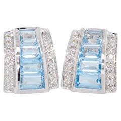 18 Karat White Gold Art Deco Style Blue Topaz Baguette Diamond Stud Earrings