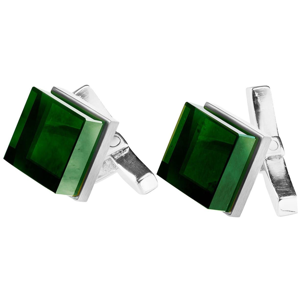 White Gold Art Deco Style Ink Cufflinks by the Artist with Green Quartz For Sale