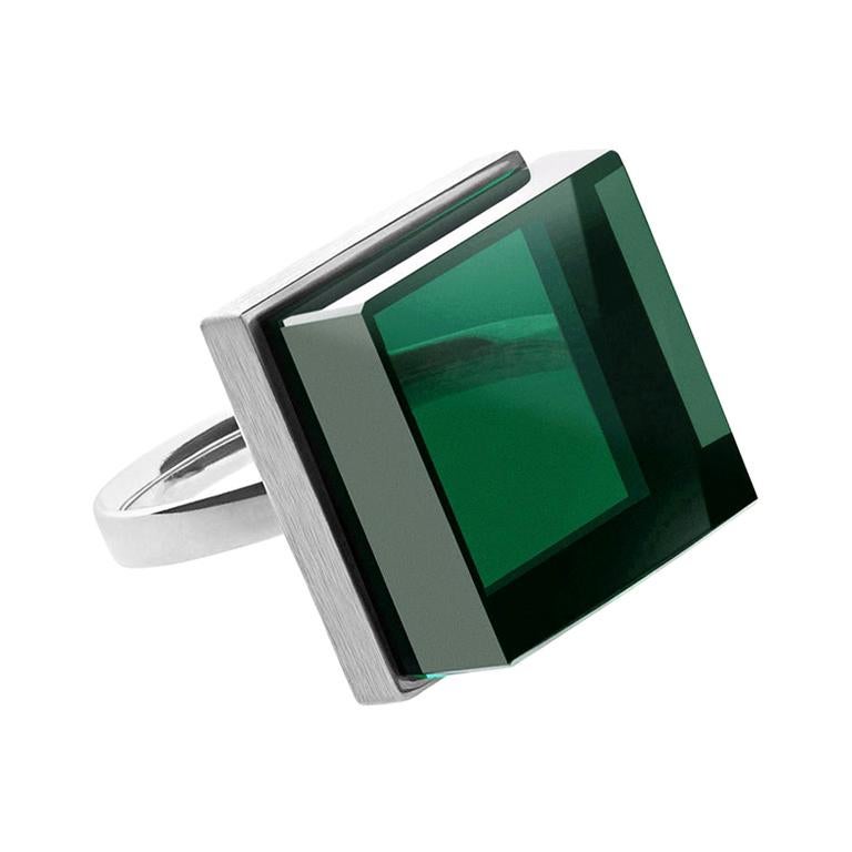 Eighteen Karat White Gold Cocktail Ring with Green Quartz by Artist For Sale